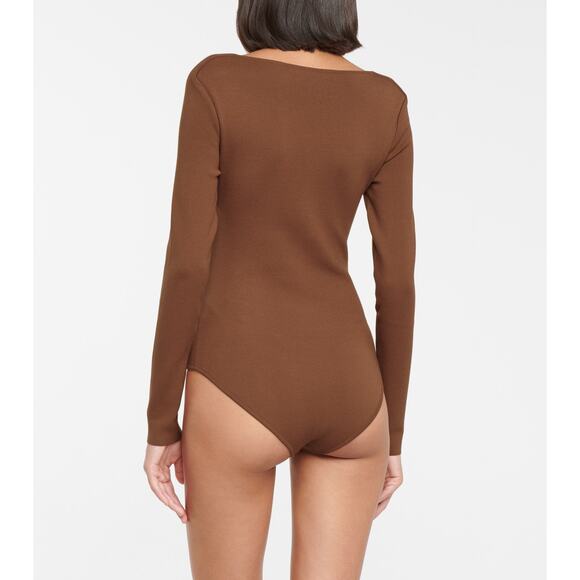 Zeynep Arcay Stretch-Knit Long Sleeve Sweetheart Neck Bodysuit Brown Women's 4 - Picture 2 of 6